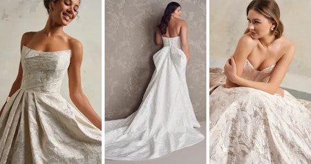 Brides showing off jacquard and brocade wedding dresses by Maggie Sottero.