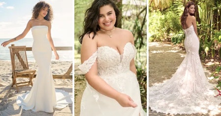 Brides wearing beachy wedding dresses like Francine crepe wedding dress by Rebecca Ingram.