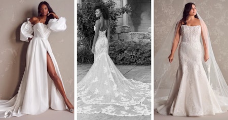 Brides wearing wedding dresses by Maggie Sottero with bridal accessories like wedding veils.