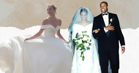 Bride wearing Kiki vintage wedding dress by Rebecca Ingram next to Michelle Obama in her wedding dress.