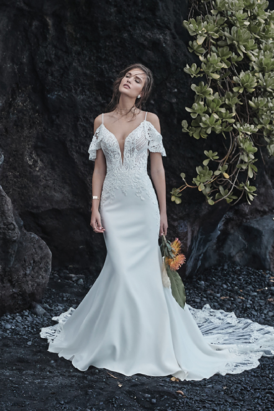 Model wearing Bracken Lace Off-The-Shoulder Wedding Dress by Sottero and Midgley