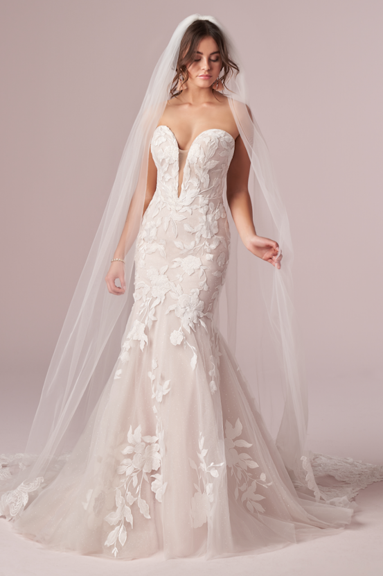 Model Wearing Floral Mermaid Wedding Dress Called Hattie by Rebecca Ingram with Matching veil Wedding Veil